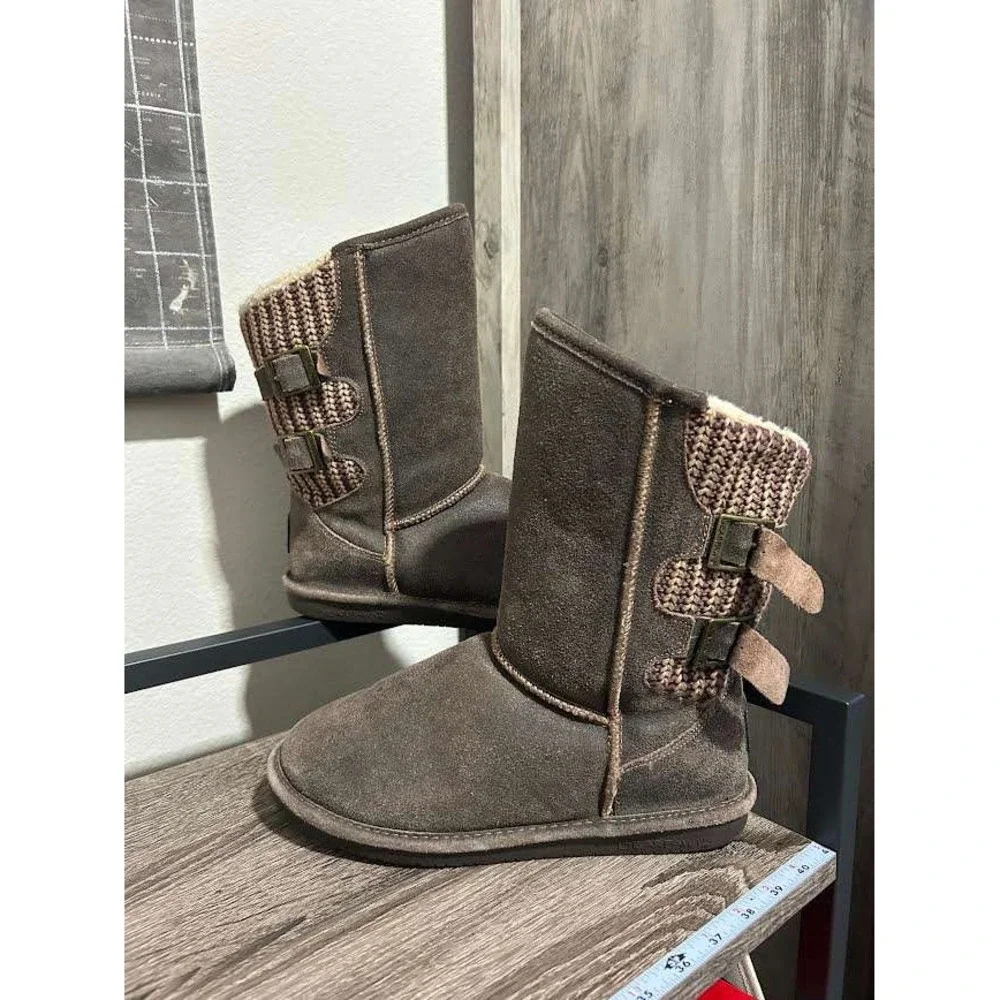 Bearpaw Boshie Women 9 Brown Suede Knit Back Buckle Mid Calf Boots 1669W-BOSHIE